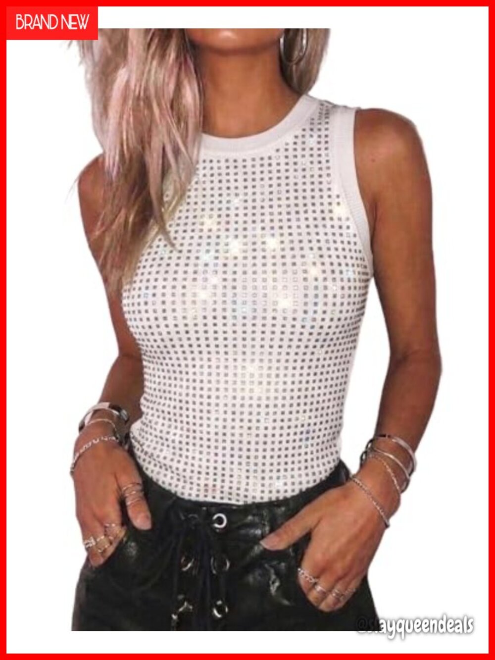 Rhinestone Sleeveless Tank Top Slim Fit Ribbed Y2K Party Women's Top